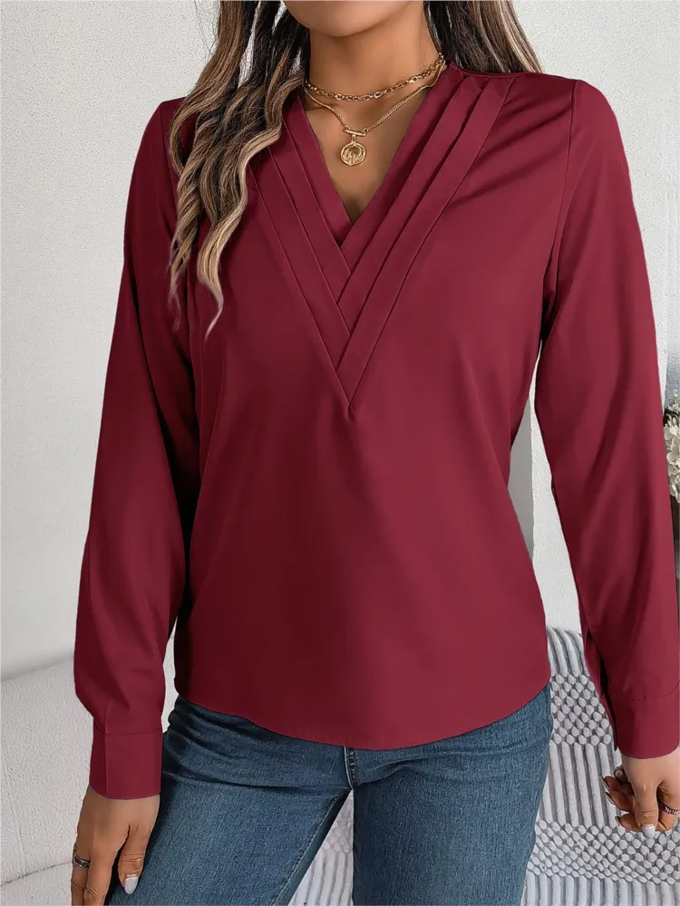

2025 Elegant Top V Neck Long Sleeve Women Blouse Shirt Fashion New Solid Color Female Casual Streetwear Tops Commuting Clothing