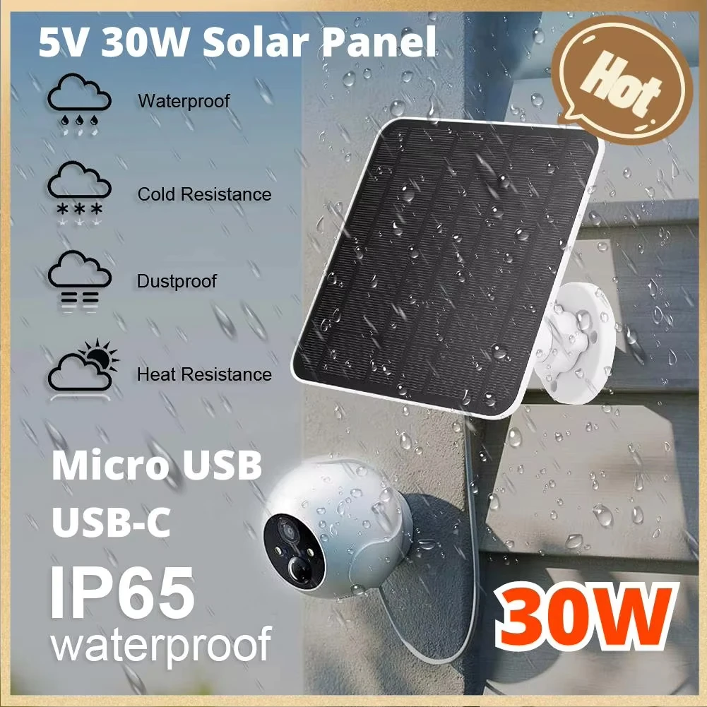 10W Solar Panel Micro USB & USB-C Port Solar Charging Panel 9.8 Ft Charging Cable 360°Adjustable Mounting for Security Camera