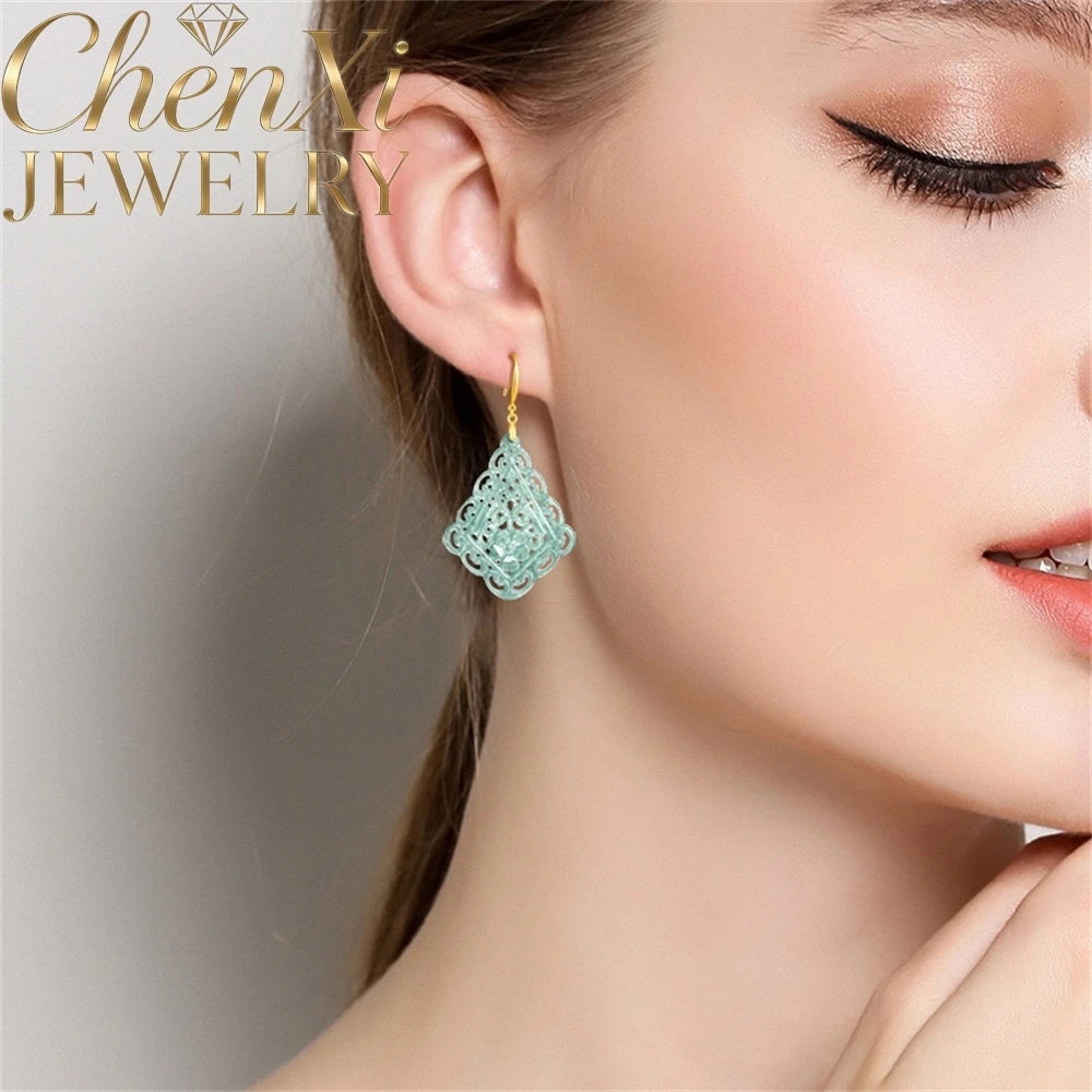 

Natural A-Grade Ice-Grade Jadeite Blue Water S925 Hollow Auspicious Pattern Earrings Ancient Style Exquisite Elegant Fine Jewelr