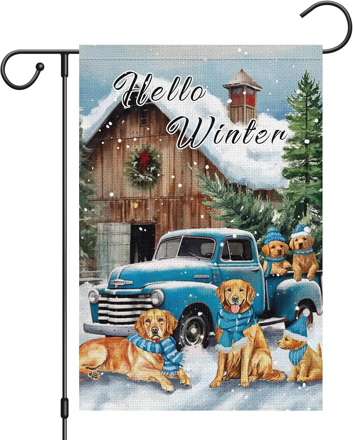 Heyfibro Hello Winter Blue Truck Garden Flag 12x18 Inch Double Sided Burlap, Golden Retriever Dogs with Blue Scarf Hat Rusti SSL