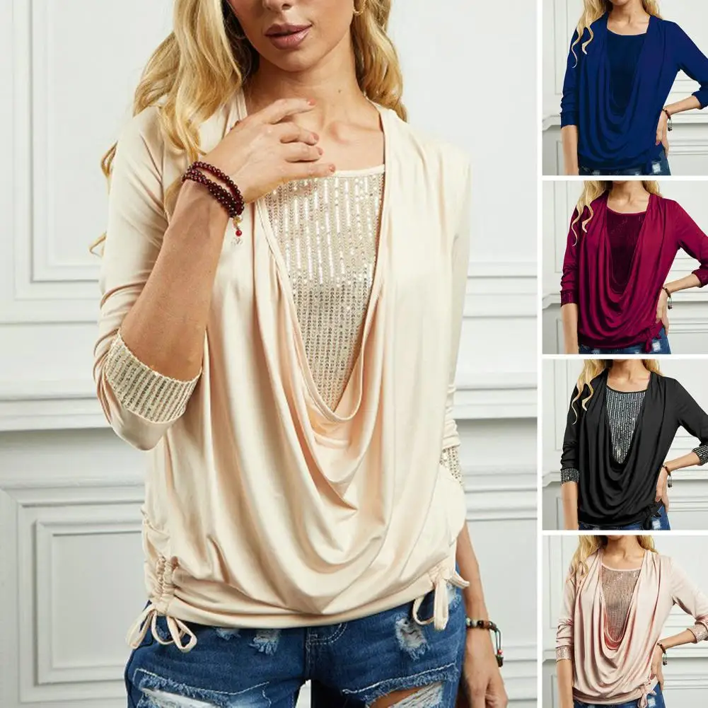 Women Loose Tops with Draped Collar Soft Fabric Women Tops Drawstring Detail Elegant Sequin Blouse for Women's Luxurious Spring