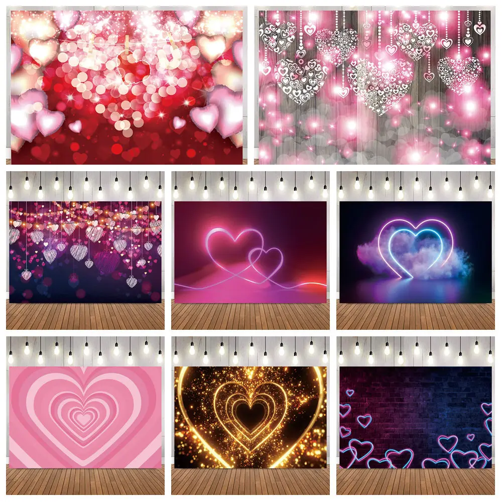 

Романтический фон для фотосъемки в форме сердца на День святого Валентина, светящийся неоновый узор любви, фон для фотосъемки на годовщину свадьбы для пары