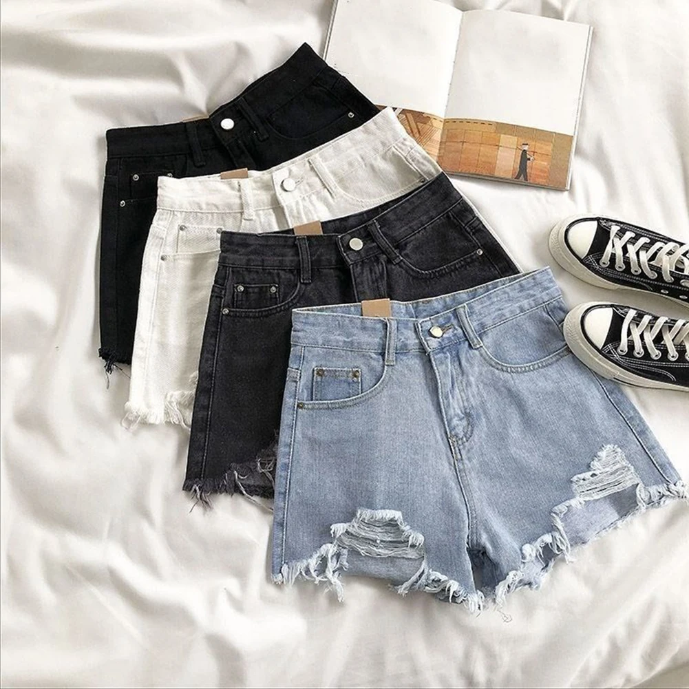 بنطلون للاستخدام اليومي شورت جيب شورت نسائي صيفي ملابس الربيع والصيف شورت نسائي صيفي ممزق باللون الأزرق الداكن