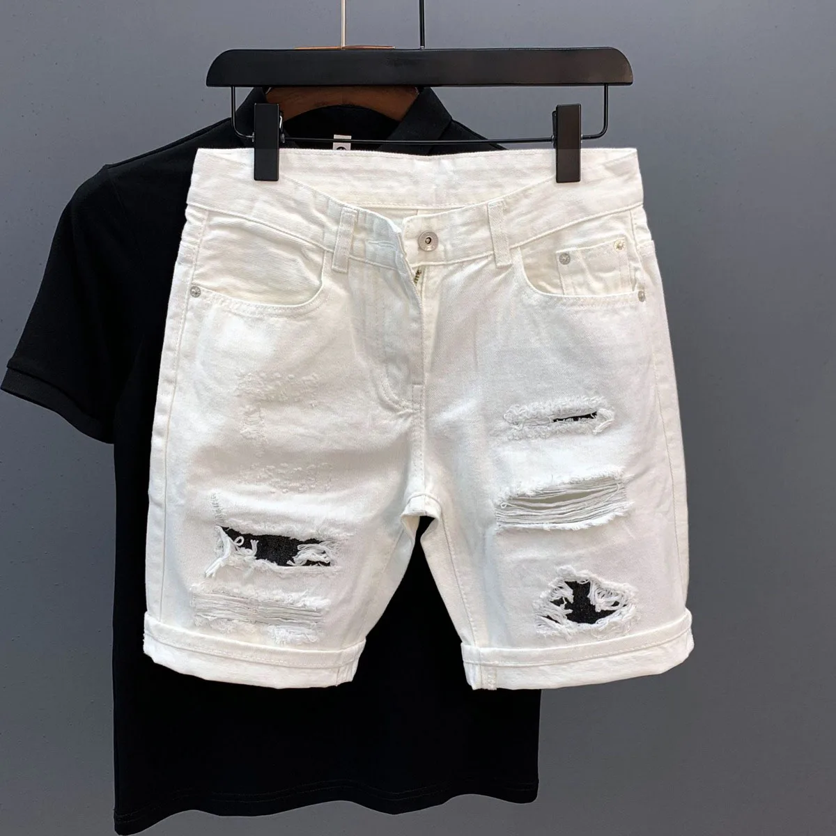 

Trendy White Ripped Men's Denim orts Five-Quarter Length Casual Faionable Versatile Mid-Waist Straight Leg Jeans