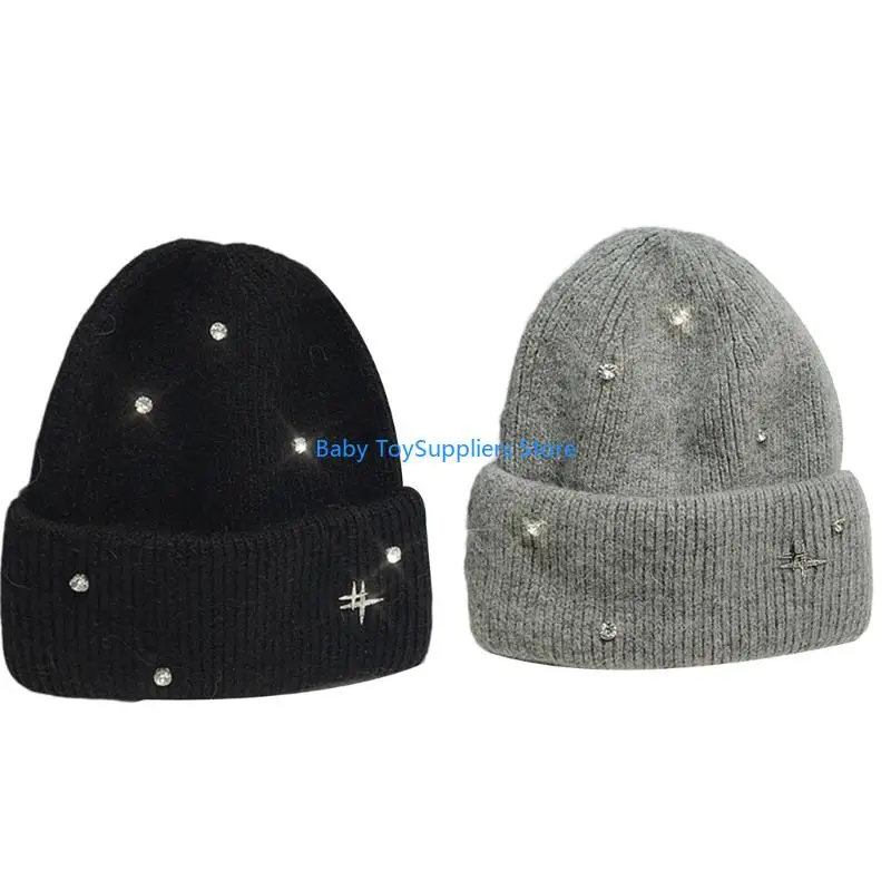 

R1WF Acrylic Fibre Skull Cap Rhinestones Decors Design Warm Brimless Hat For Outdoor