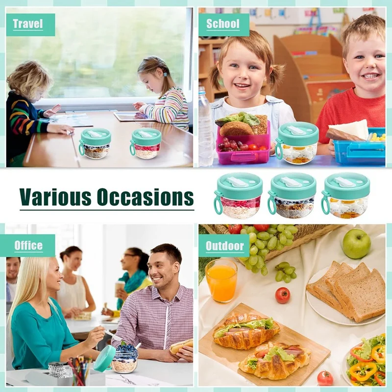 ภาชนะข้าวโอ๊ตค้างคืน 4 ชิ้นพร้อมฝาปิดและช้อนภาชนะข้าวโอ๊ตสําหรับนมผลไม้