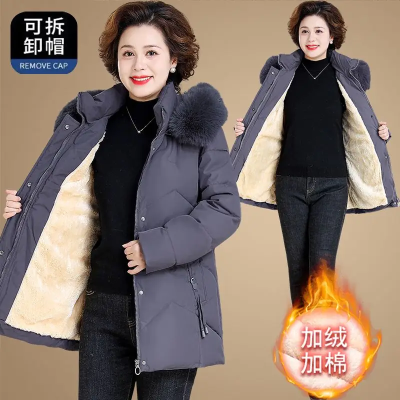 

New Women Down Cotton Coat Winter Jacket Female Mid Length Version Parkas Thick Warm Outwear Fur Collar Hooded Overcoat C341