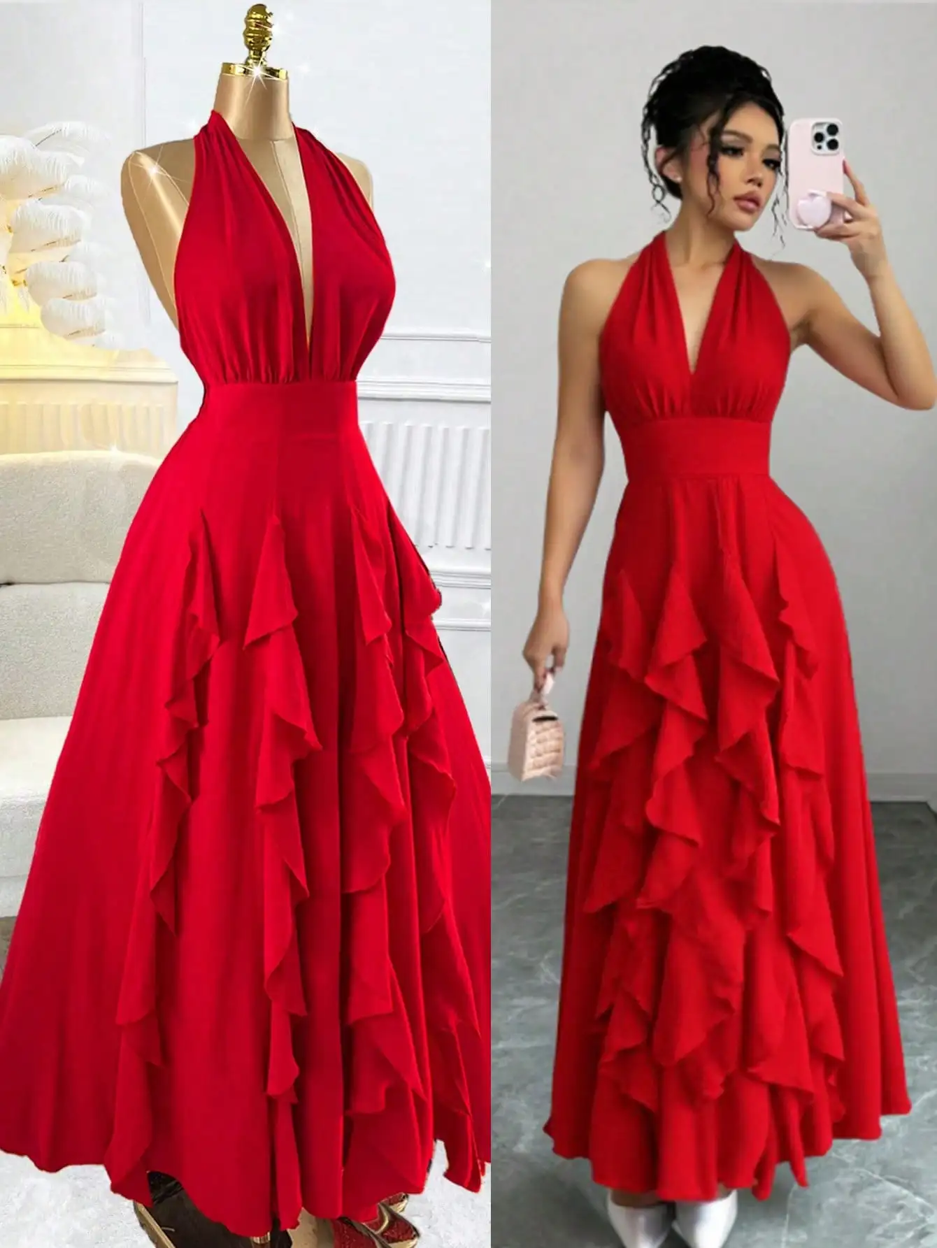 

Red Halter Neck Maxi Dress with Layered Ruffles V-Neck Loose Fit Evening Party Dress