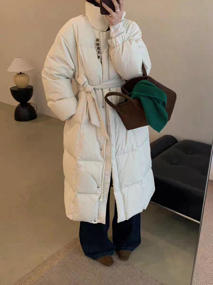 

Winter Stand Collar Warm Mid Length Down Jacket Female Thicken Loose Long Jackets Women White Duck Down Fluffy Parker Outwears