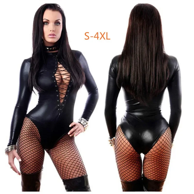 Sexy Latex Bondage Bodysuit Sexi Teddy Lingerie Women Breast Exposing Jumpsuit Clothes Leather Catsuit