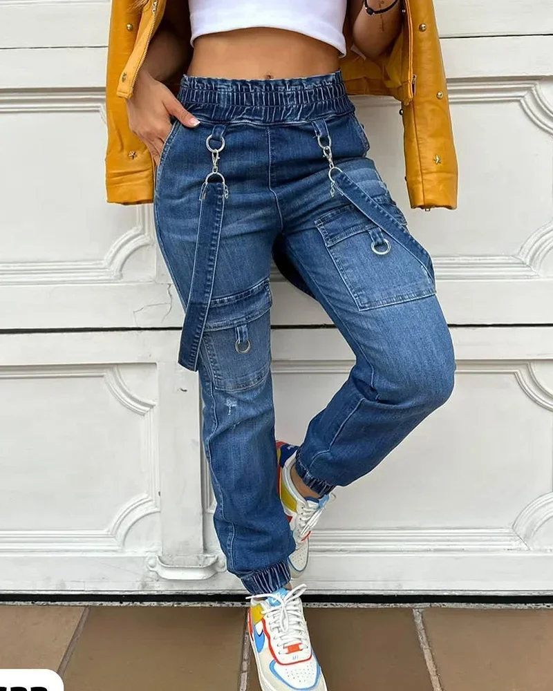 

O-Ring Decor Pocket Design Denim Suspender Jumpsuit Women Jeans Overalls Elastic Wais Pocket Autumn 2024 Casual Ankle Length