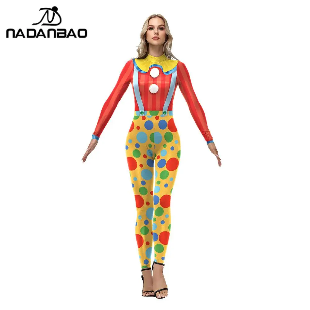 Nadanbao Colorful Dot Print Women's Jumpsuit Halloween Clown Funny Costume Sexy Soft Long Sleeves Bodysuits Adult Party Outfits