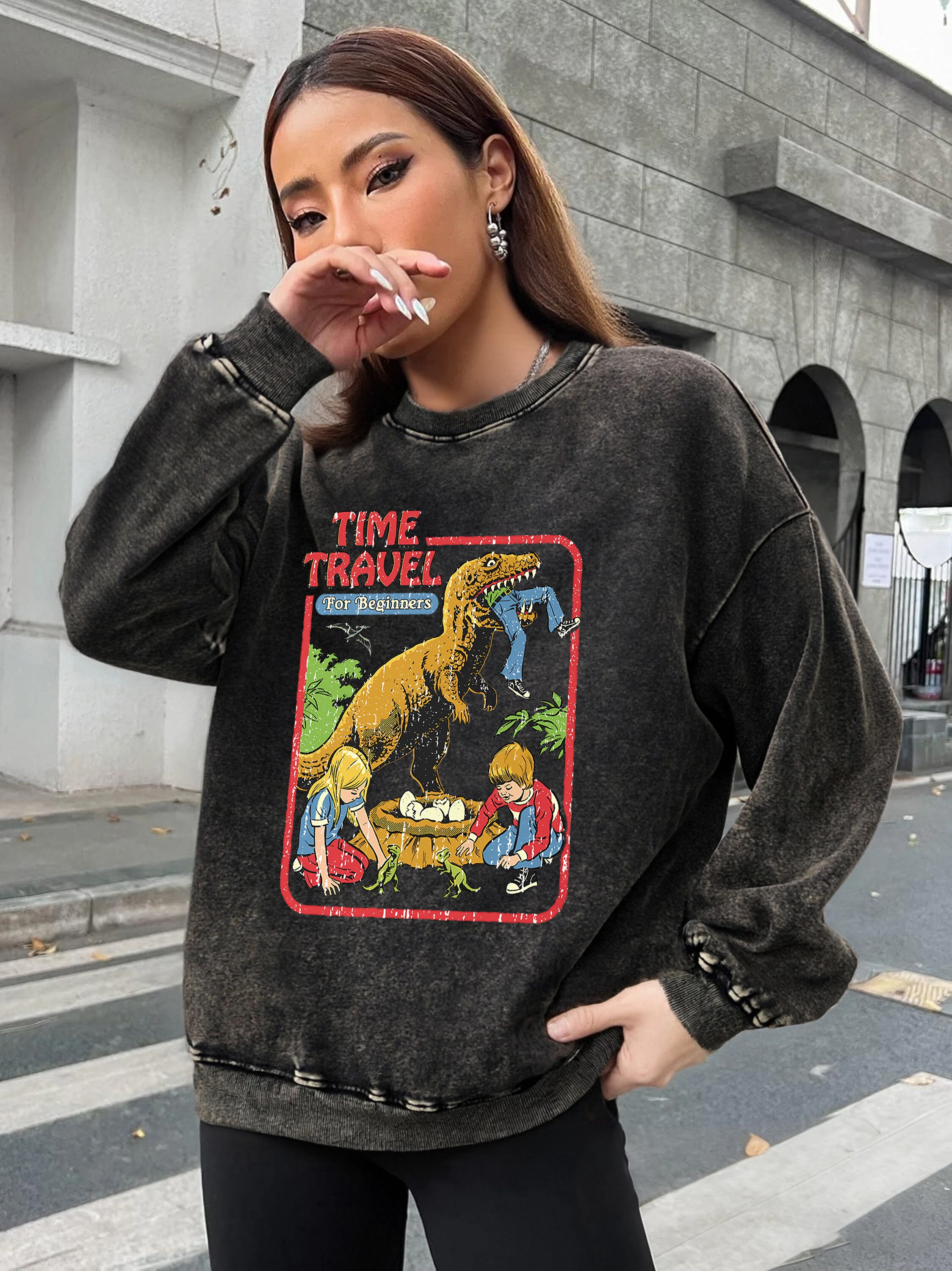 

Time Travel Age Of Dinosaurs Printed Woman'S Washed Sweatshirt Fashion Casual Pullover Vintage Comfy Clothes Cotton Autumn Hoody