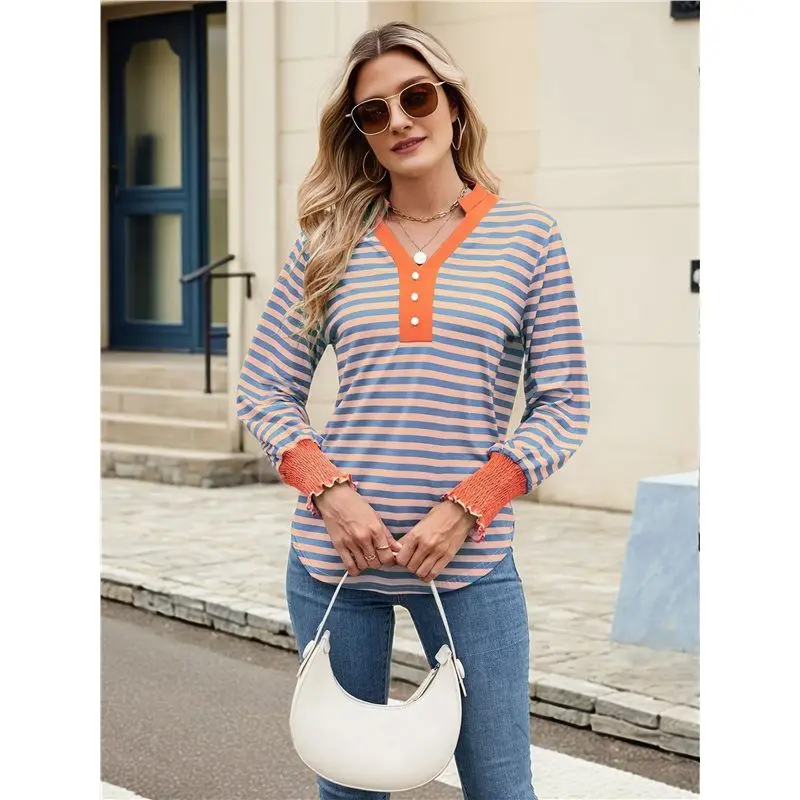 CYL-Damen Übergroße gestreifte Sweatshirts Langarmshirt Baumwolle Loose Fit Henley Tops