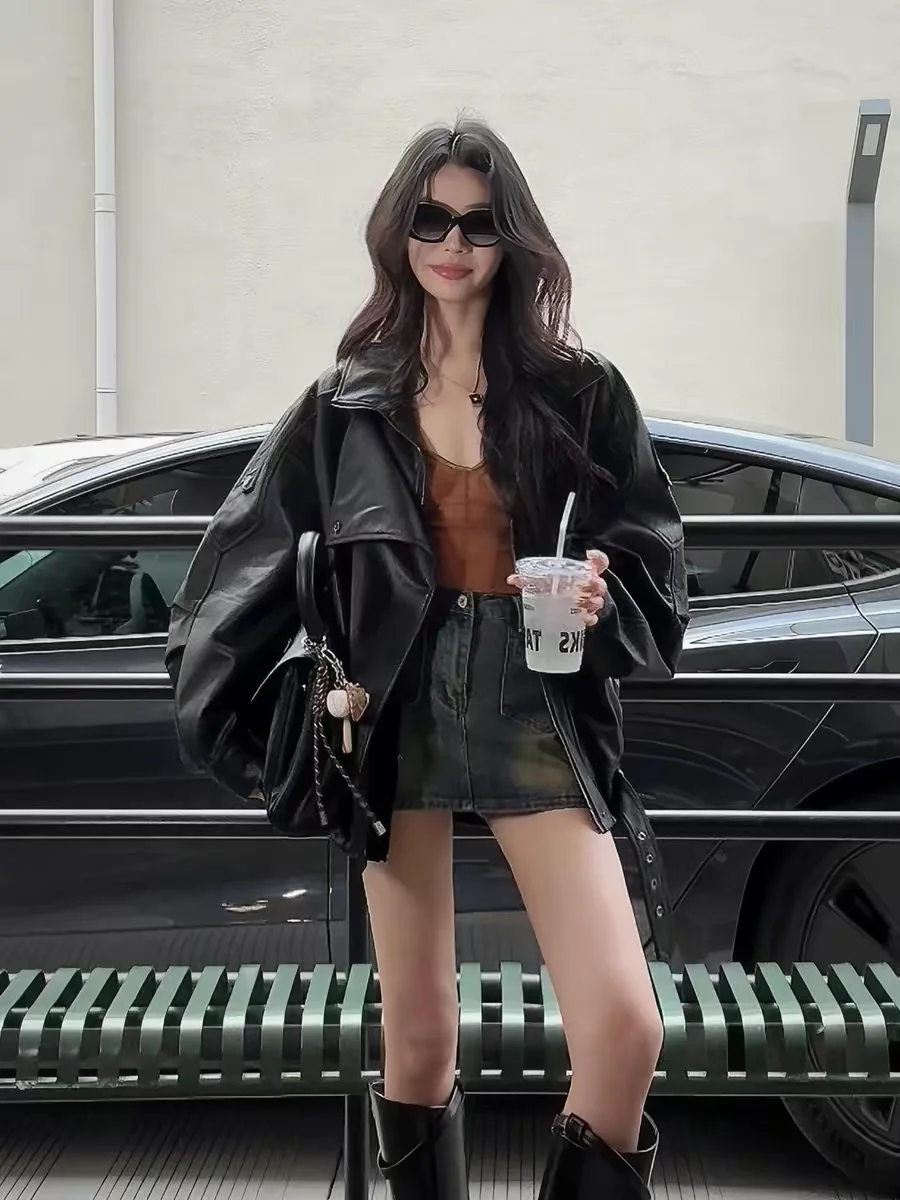 Black Retro Biker Collar PU Leather Jacket Women Cool Style Spring Autumn New Style Leather Jacket Top Fashion Trend