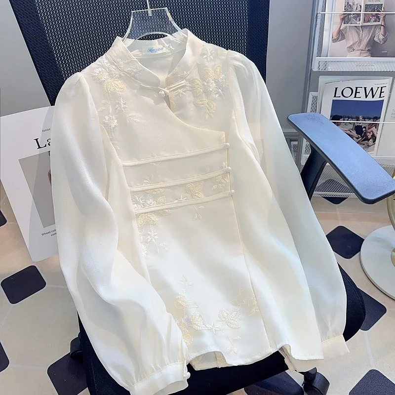 Femmes chemise Blouse nouveau Style chinois à manches longues col montant broderie chemise Blouse haut pour femme Blouses Blusas Para Mujer Q596