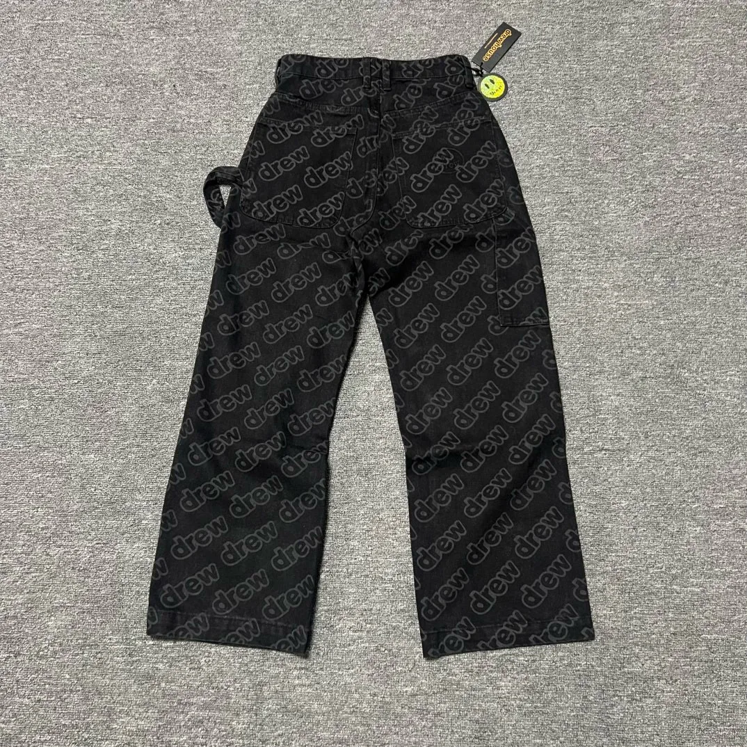 Drew House New Drew House Smiley Letter Full Print Workwear Straight Jeans for Men and Women Casual Ropa Hombre