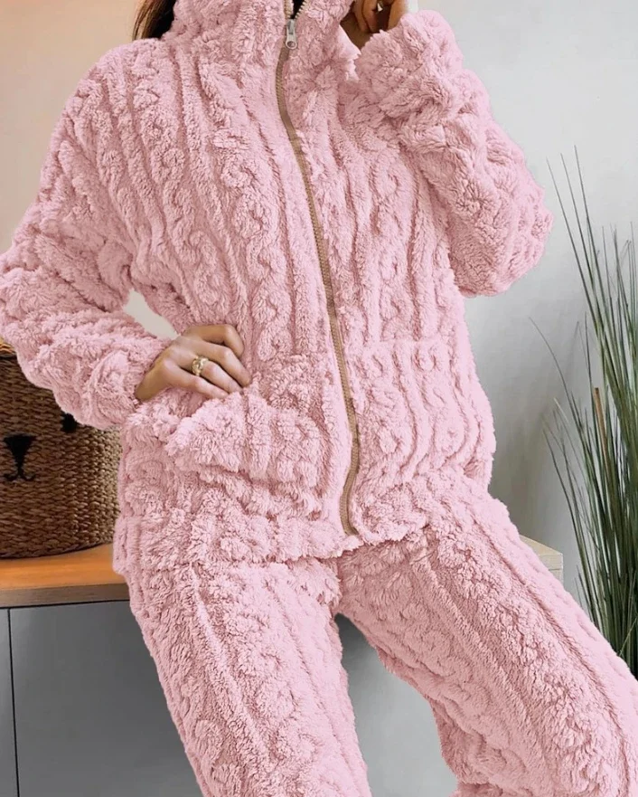 

Thickened Warm 2Pcs Pajamas Set Jacquard Textured Stand Collar Zip Up Fuzzy Teddy Top & Pants Set Striped Nightwear Loungewear