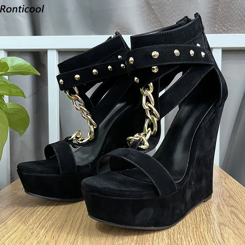 

Ronticool Handmade Women Summer Sandals Suede Comfort Wedges Heels Round Toe Black Banquet Shoes Ladies US Plus Size 5-20
