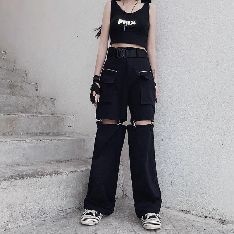 

Goth Women Broken Large Metal Buckle Detachable Hip-hop Wide Leg Loose And Thin Mopping Personalized Street Trend Casual Pants