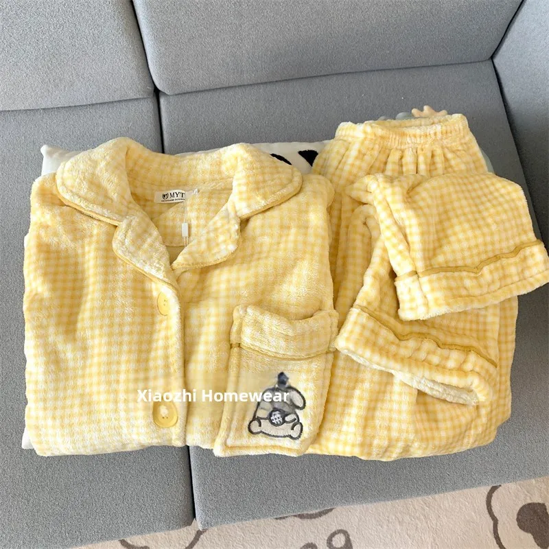 Thickened Fleece Plaid Sleepwear Women's Cartoon Cute Pudding Dog Casual Home Clothes Long Sleeve Button up Home Suit