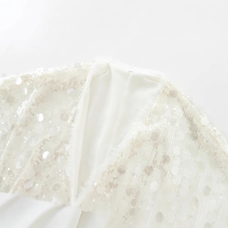 White Lace-up Outerwear Spring Autumn Casual Long Sleeved Sequins Coat Women's Commuting Versatile Loose Cardigan Tops