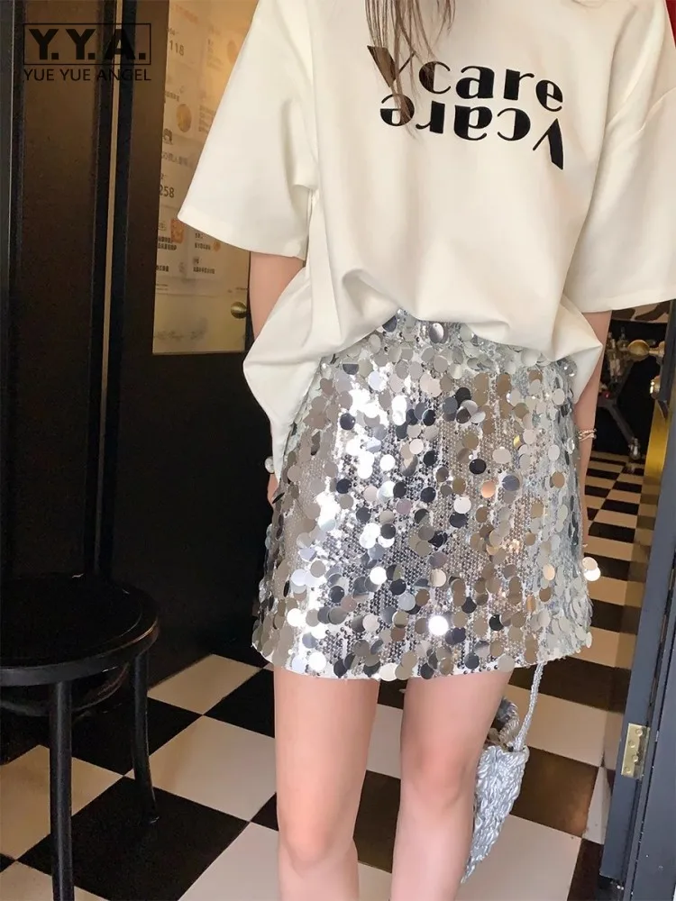 Summer Designer High Waist Sexy Wrap Skirt High Street Women A-Line Skirt Nightclub Party Fashion Ladies Shiny Sequined Skirts