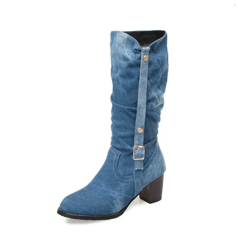 

2025 Sexy Jean Boots Women's Long Tube Short Boot Winter High Heel Denim Boot Lady Stylish Jeans Boots Buckle Strap Shoes Cowboy