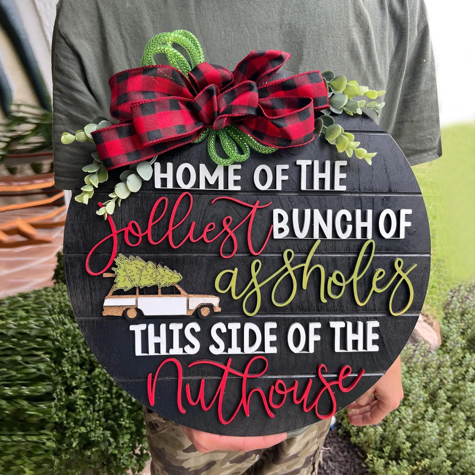 

Chrismas Wreath Sign Decorations Hanging Sign for Front Door, Holiday Rustic Farmhouse Outdoor Wall Window Decor Party Supplies