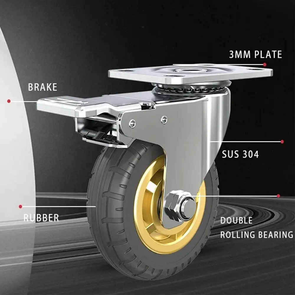 Noiseless Furniture Caster Heavy Loads Wear Resistant Swivel Caster Rubber With Brake Roller Wheel Shelf Cart Wheel