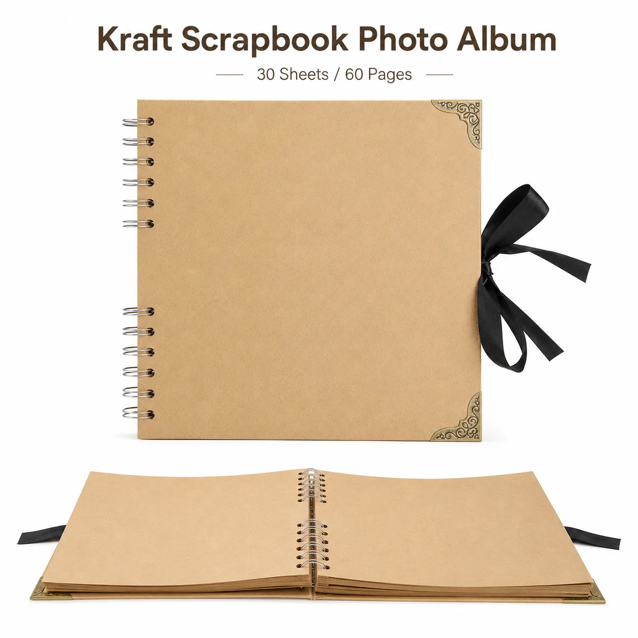

Kraft Scrapbook Photo Album, Spiral Bound 60 Pages, 200gsm Thick Paper Hard Cover, Ribbon Closure for 15x10cm Photos DIY
