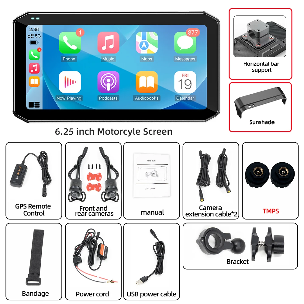 6.25inch Motorcycle Monitor 1080P DVR Recorders Wireless CarPlay Android Auto Navigation Display GPS Remote Control TPMS BSD image 3