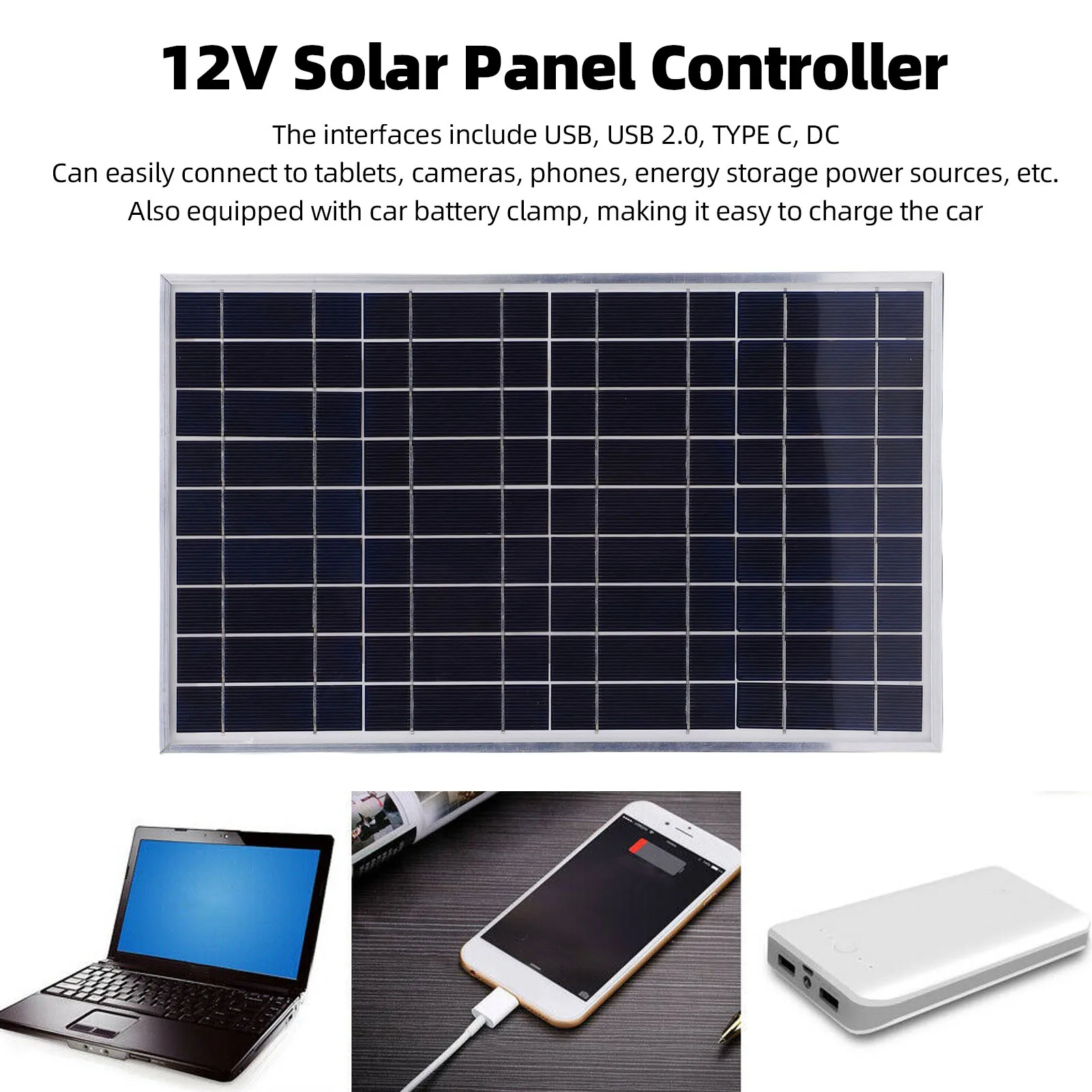 Solar Panel Solar Panel Controller Kit 100W IP67 Water Proof 12V 10-50A Regulator with Battery Clamp for Car RV Boat Trailer