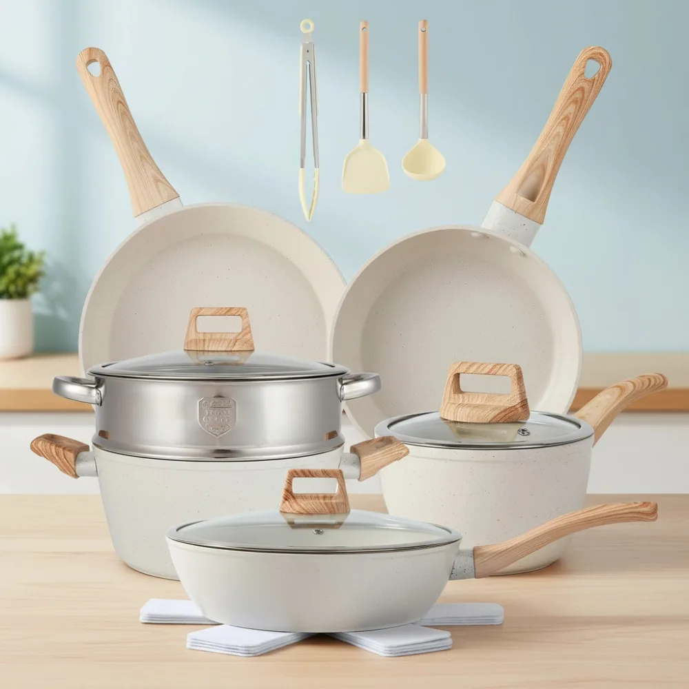 

16PCS Non Stick Cookware Set with Fryer Steamer Stewer - Durable Aluminum Core Easy Clean Kitchen Pots Pans