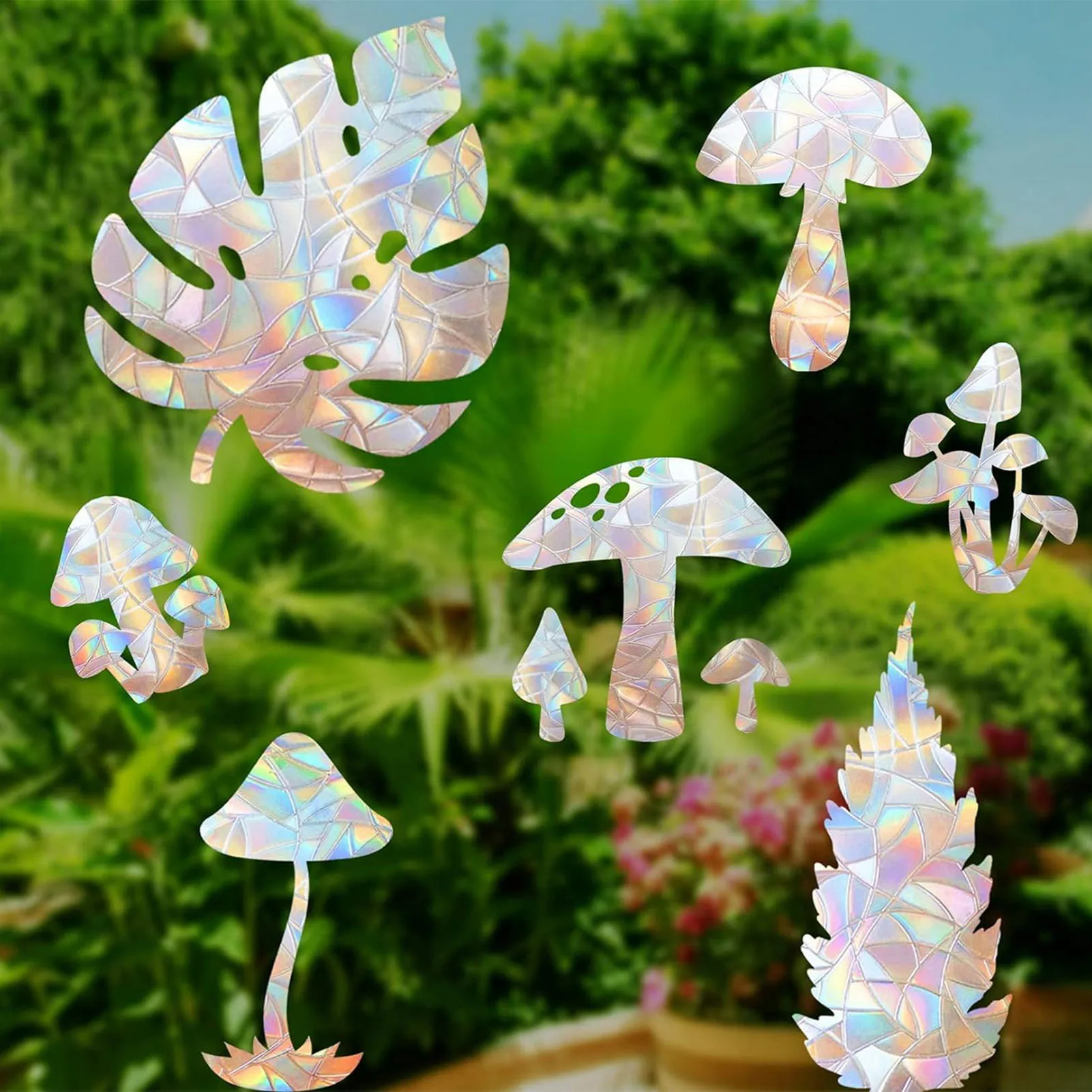 

A Set Mushroom and Leaf Window Clings Non Adhesive Prismatic Vinyl Window Clings Stop Birds from Hitting Windows Sun Catcher