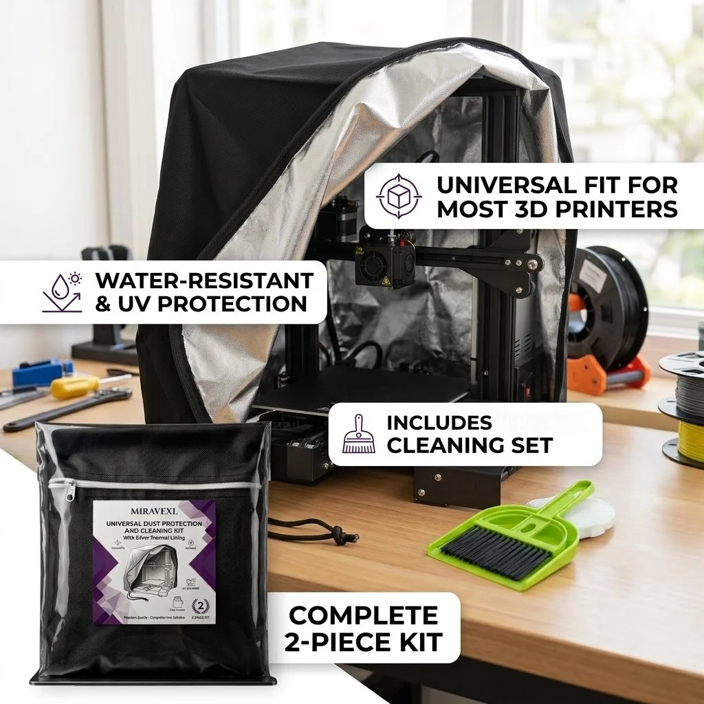 MIRAVEXL 3D Printer Dustproof Cover & Cleaning Kit: Universal Fit Waterproof UV-Resistant Protector Shield, Broom Dustpan Set