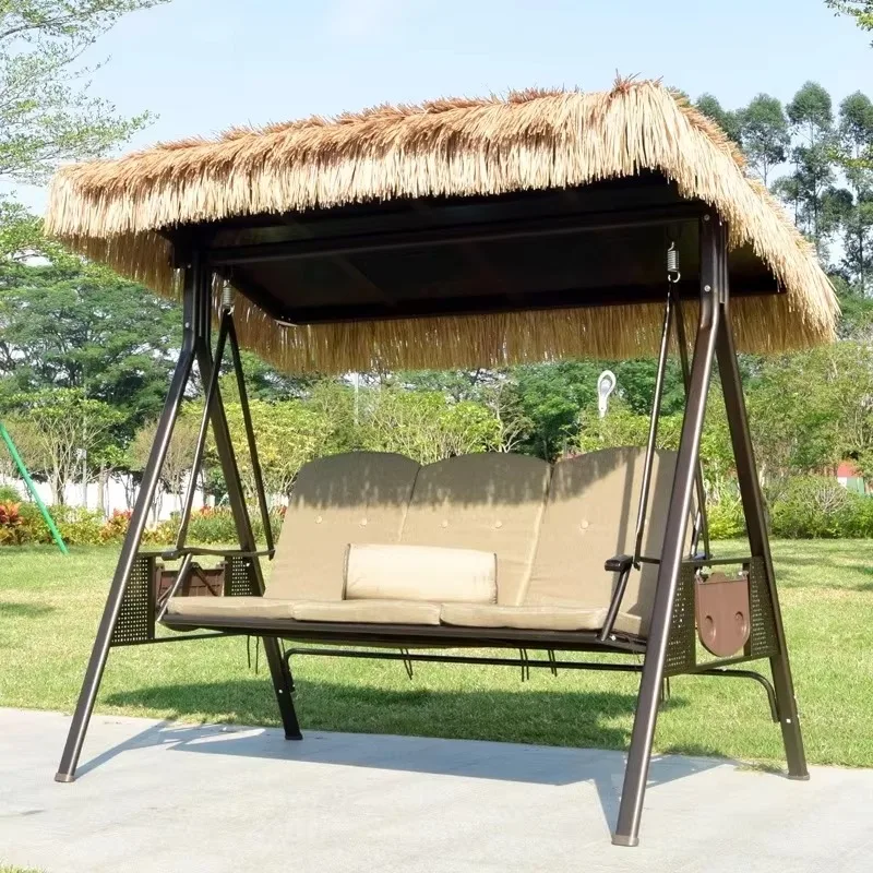2025 جديد كرسي أرجوحة للترفيه في الهواء الطلق إطار معدني من الألومنيوم مقعد 3 أشخاص أرجوحة فناء الشرفة مع مظلة من القش مخصصة #5
