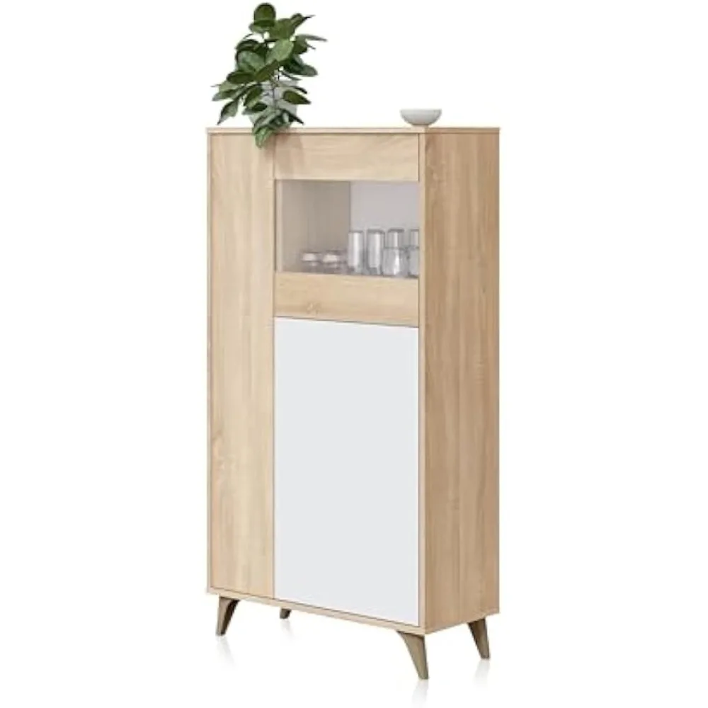 Ninguno White And Oak Vitrina De 3 Puertas, Aparador De Salón, En Artik Blanco Y Roble Canadiense, 77 Cm X 142 Cm X 33 Cm