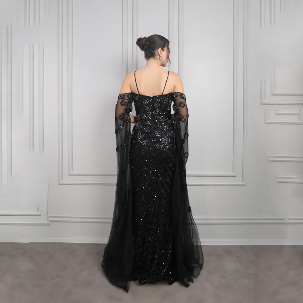 Luxo preto vestidos de noite mangas compridas grânulo cristal sereia vestidos de noite até o chão vestidos de baile personalizado 2025