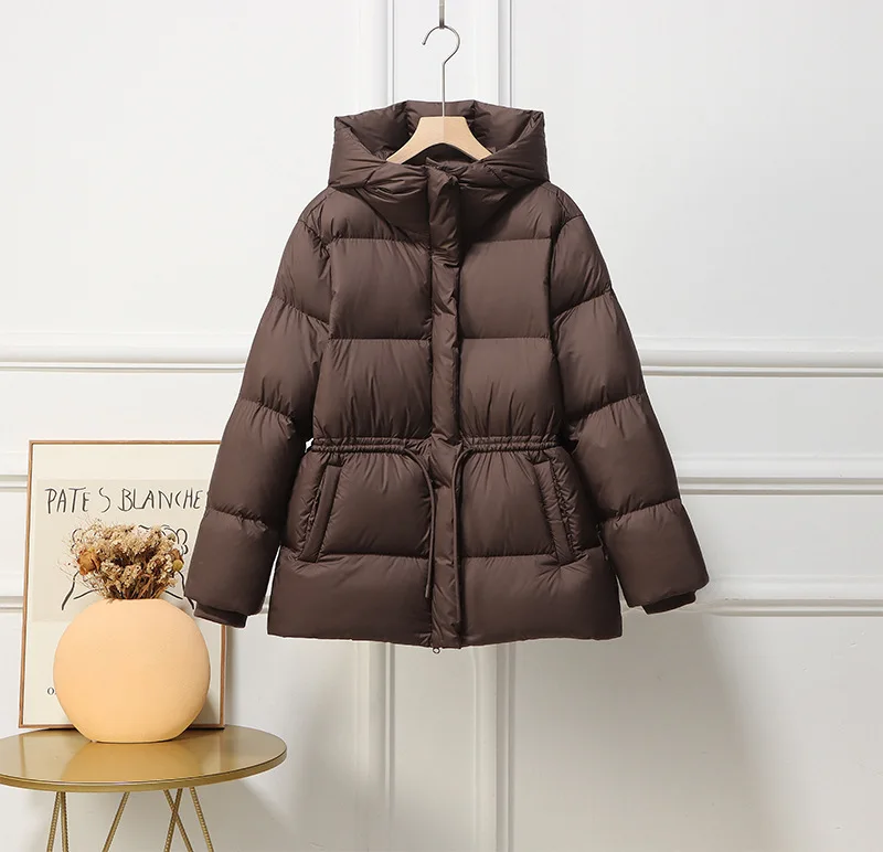 White Duck Down Mid-Length Parka Women Belted Down Jacket Winter New Women's Thick Midweight Puffa Jacket with Hood