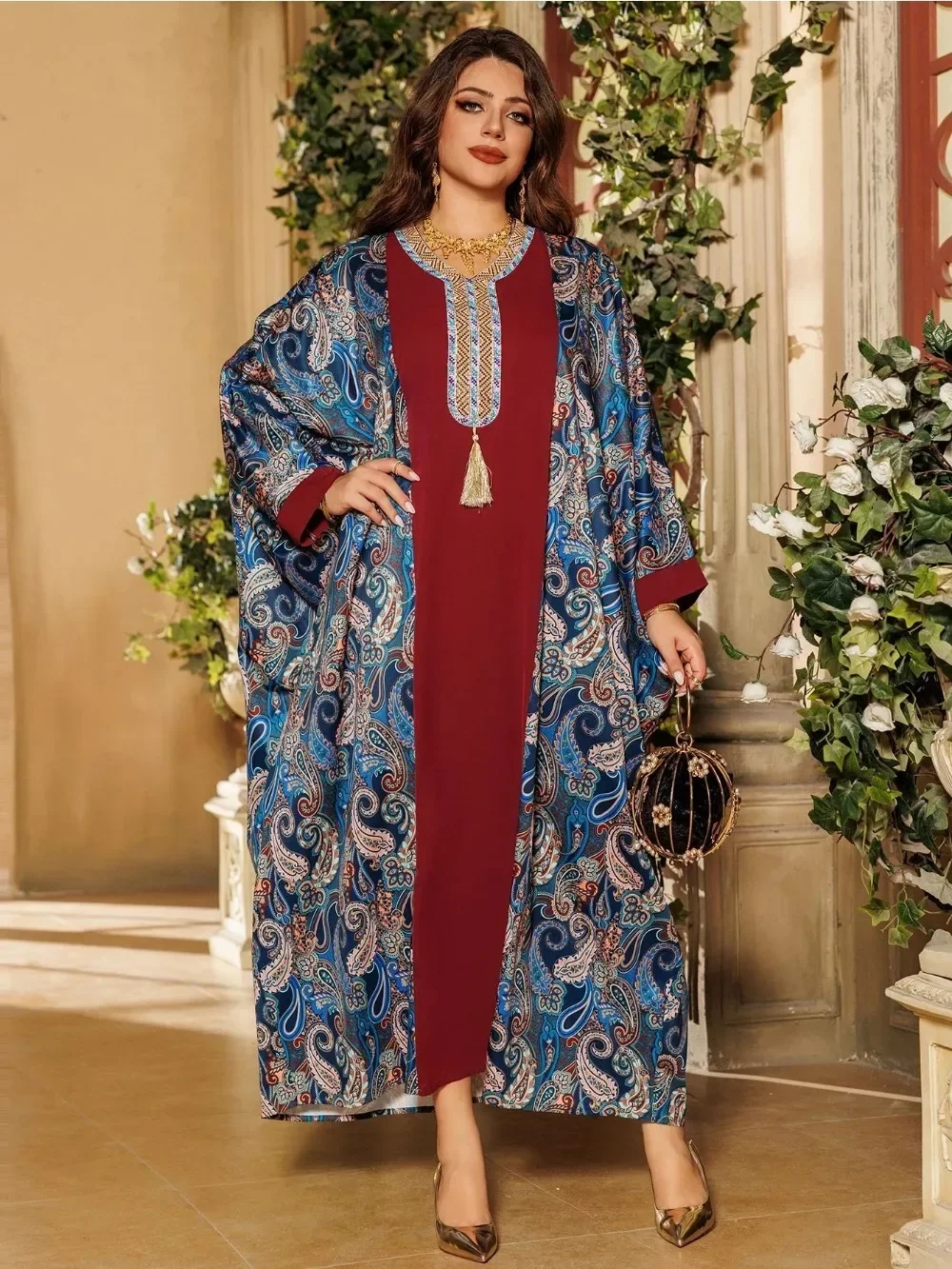 Eid Muslim Dress Women Print Jalabiya Bat Sleeve Long Robe Abaya Diamond Party Dresses Ramadan Kaftan Islam Dubai Arab 2024