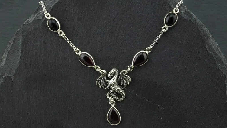 Dracarys Dragon Necklace Sterling Silver Garnet Necklace Black Onyx Jewelry. Daenerys Necklace Game of Thrones Jewelry. Gothic