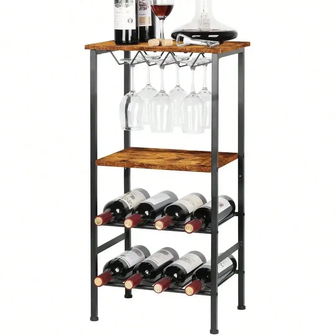 

Brown Metal And Wood Wine Rack, Freestanding Floor Wine Rack Table With Glass Holder, Storage Shelves, Holds 8 Bottles And 9 Glasses, Wine Display Rack