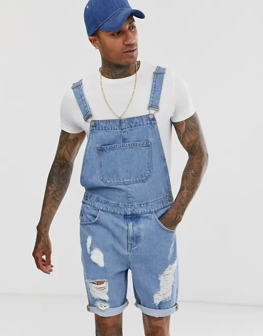 2024 Retro Men's Denim with Hole One-Piece Tooling Strap Denim Shorts