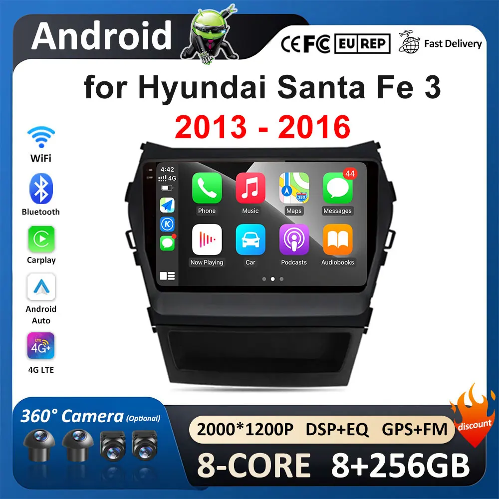 for Hyundai Santa Fe 3 2013 - 2016 Carplay Android Auto 4G+WIFI GPS Car Radio Navigation Multimedia Video Player Stereo BT