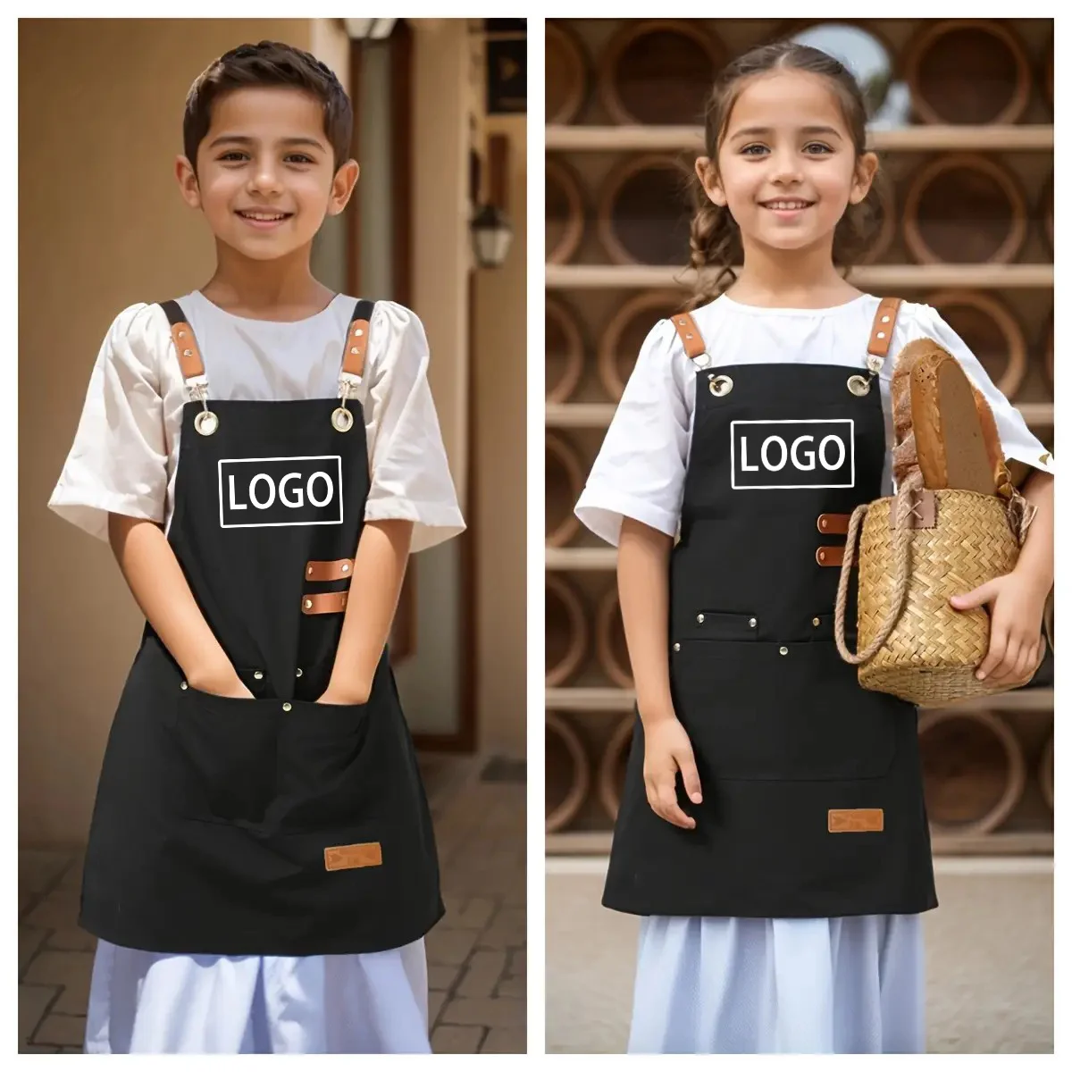 Personalized Custom Logo Kids Apron Adjustable Canvas Art Smock with Pockets for Painting Crafts Cooking Kitchen Boys Girls Gift