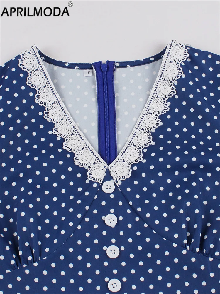 2025 Retro Vintage Lace Elegant ชุดราตรีสั้นกับเข็มขัด Polka Dot พิมพ์ V คอฤดูใบไม้ร่วงชุดราตรี 50s 60s ค็อกเทล