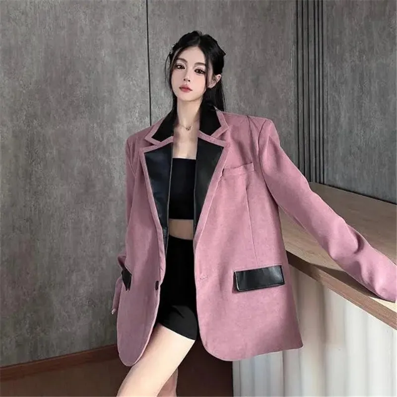 Primavera outono nova casual couro do plutônio emenda terno jaqueta feminina moda couros blazer casaco feminino solto outerwear maré b1320