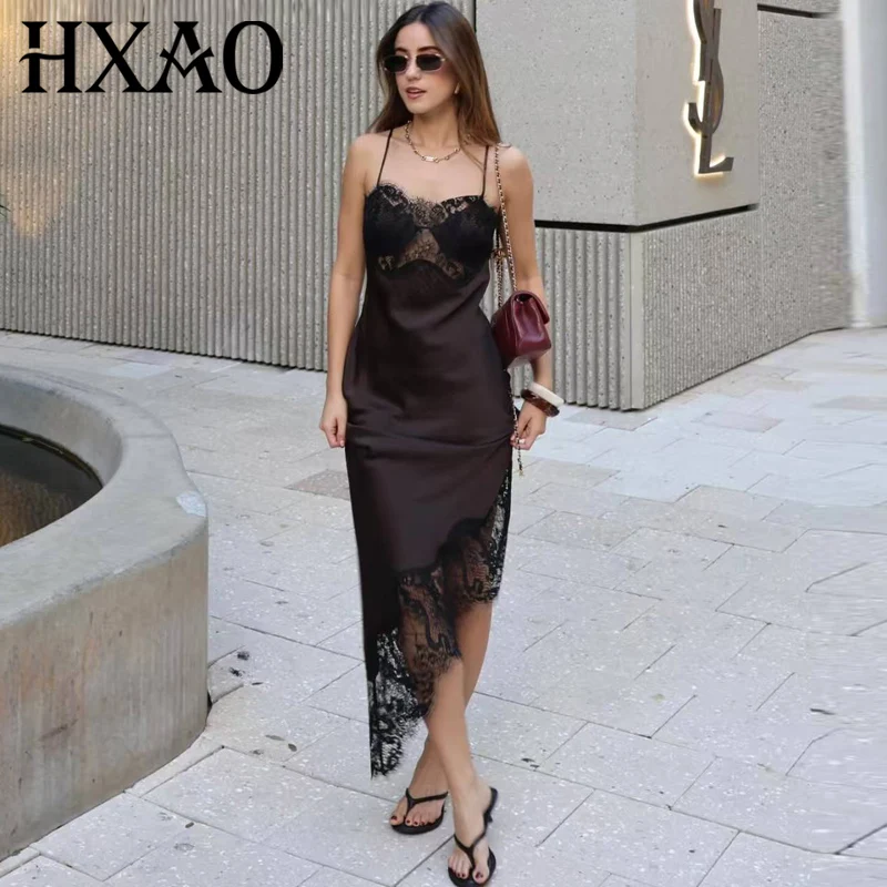 Sukienka HXAO 2026 z koronką, asymetryczna, na ramiączkach, damska, wiosenno-letnia, seksowna, satynowa, bez rękawów, z odkrytymi plecami, elegancka sukienka na Boże Narodzenie.