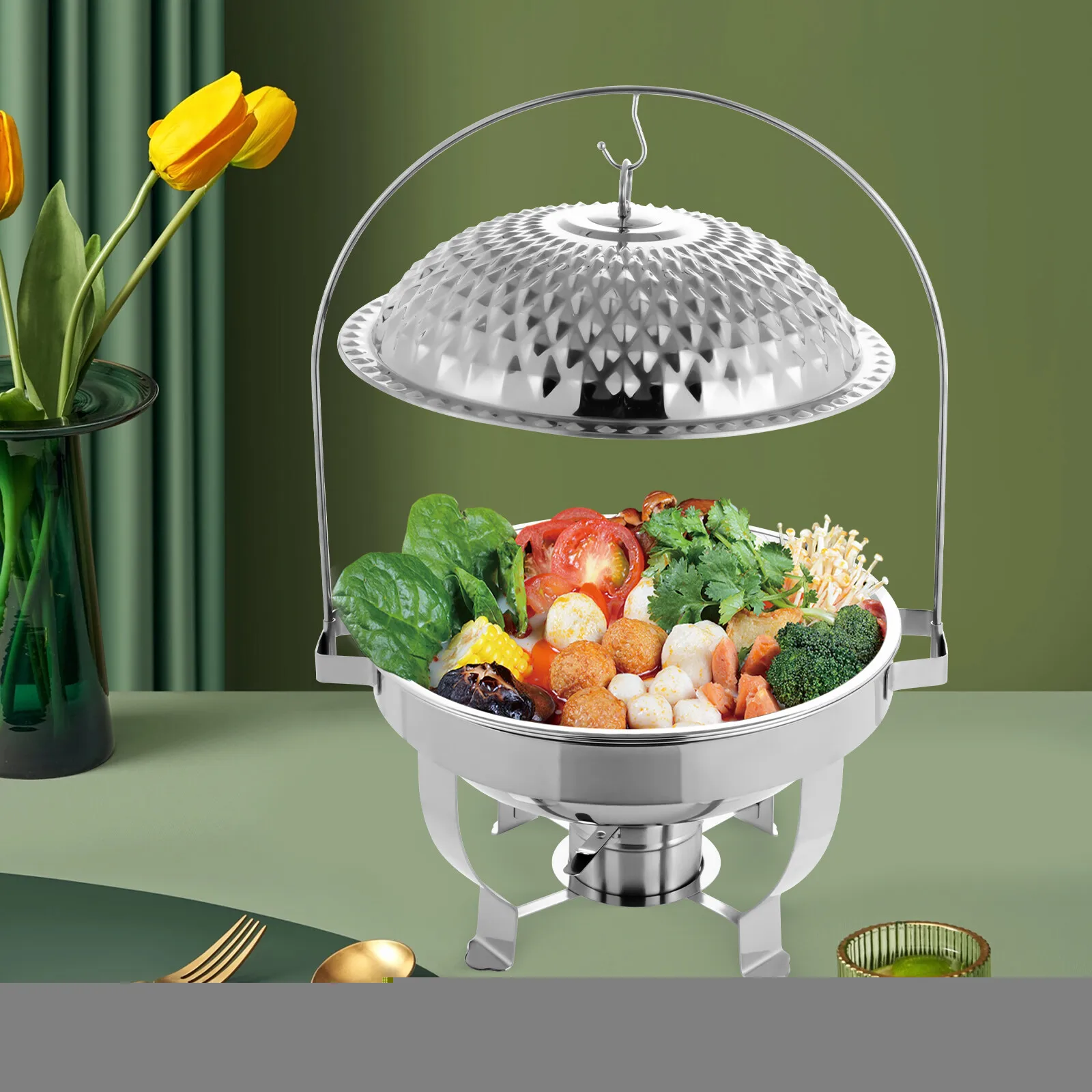 

6L/6.3QT Round Chafing Dish Stainless Steel Countertop Warming Tray Silver With Hanging Lid